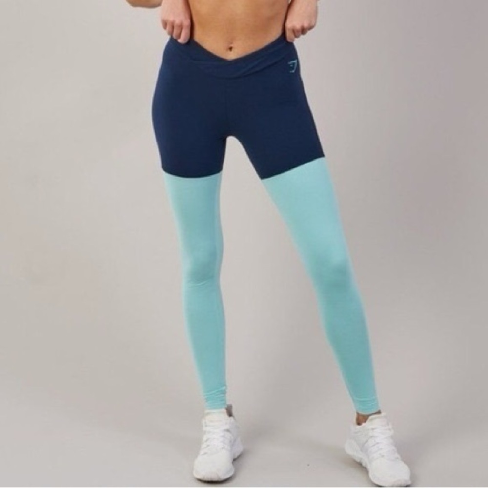 Gymshark Womens Navy Blue Mint Colorblock Cross Over Waist Active Leggings S EUC